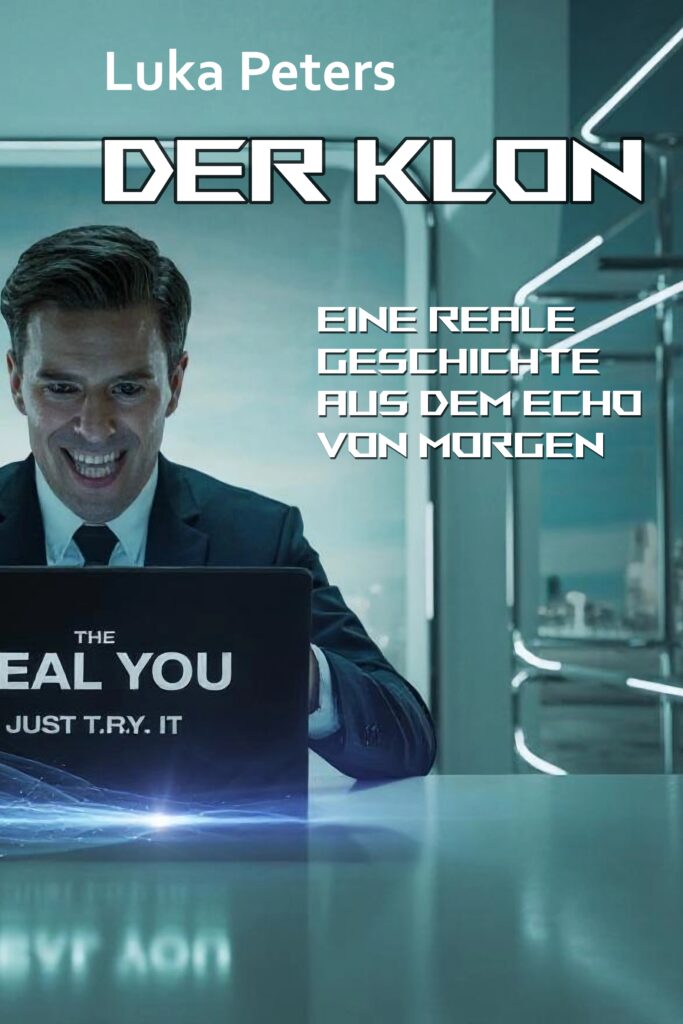 Das Bild zeigt das Buchcover des E-Books mit einem hämisch lachenden Mann vor einem Laptop. Auf dem Laptop steht "The Real You. Just T.R.Y. it". Daneben steht der Name des Autors, Luka Peters, der Titel des Buchs, Der Klon, und der Untertitel, Eine reale Geschichte au dem Echo von morgen.